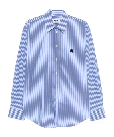 Msgm Striped Shirt With Embroidered Logo Clothing In Blue