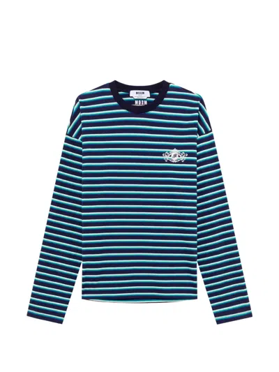 Msgm Striped Logo-embroidered Sweater In Blue