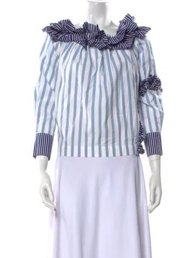 Pre-owned Msgm Striped Off-the-shoulder Crop Top In Blue