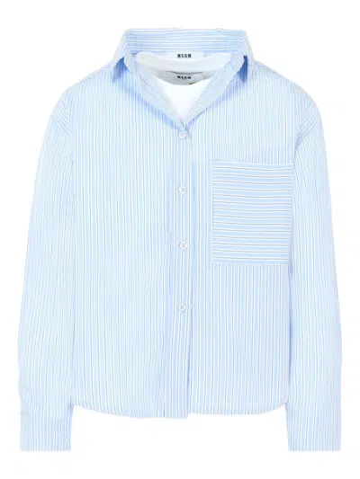 Msgm Kids' Striped Patch-pocket Shirt In Blue