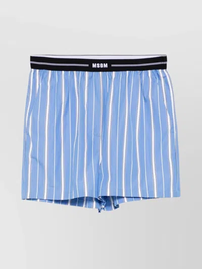 Msgm Blue Bermuda Shorts With Elastic Drawstring Waist With Logo Lettering And All-over Striped Motif In