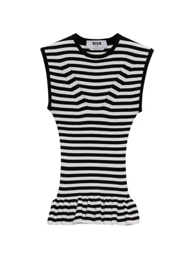 Msgm Striped Ruffled Top In Black