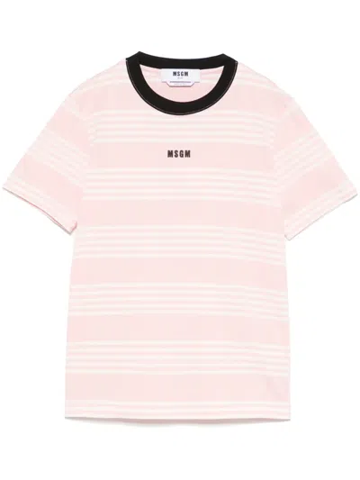 Msgm White And Pink Striped Cotton T-shirt With Logo