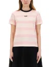 Msgm White And Pink Striped Cotton T-shirt With Logo In Pink