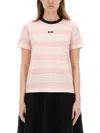 Msgm White And Pink Striped Cotton T-shirt With Logo In Pink