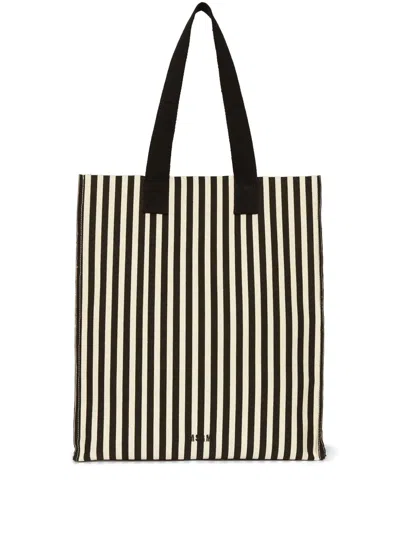 Msgm Striped Tote Bag In Black