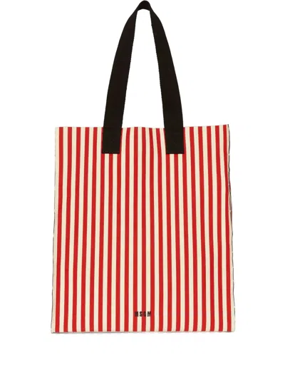 Msgm Striped Tote Bag In White