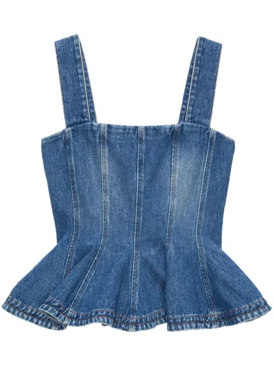 MSGM MSGM STRUCTURED PEPLUM HEM DENIM TOP IN BLUE