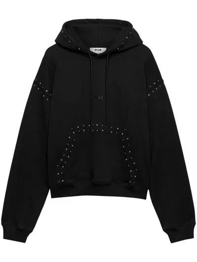 Msgm Stud Detailing Logo-embroidered Drawstring Hoodie In Schwarz