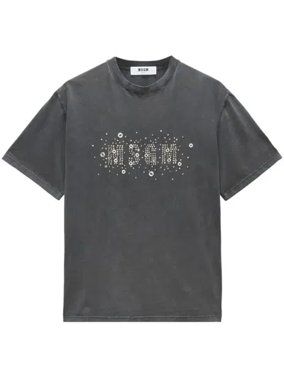 Msgm Studded-logo Faded T-shirt In Grey