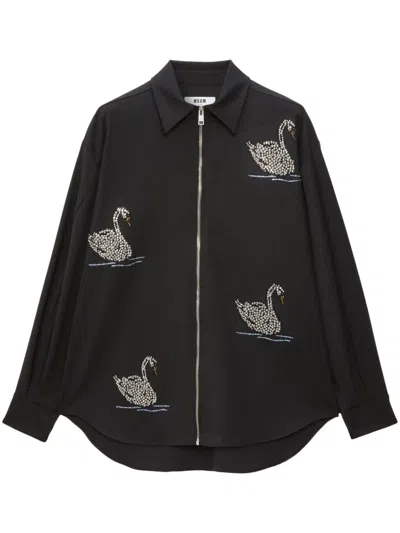 Msgm Studded Zip-up Shirt In Black