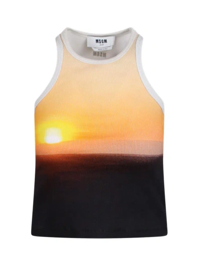 Msgm Sunset Motif Ribbed Knit Top In Yellow Cream
