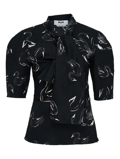 Msgm Swan-print Bow-detail Top In Black
