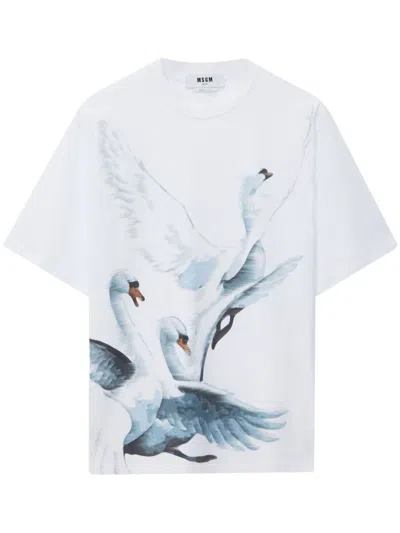 Msgm Swan-print Cotton T-shirt In Weiss