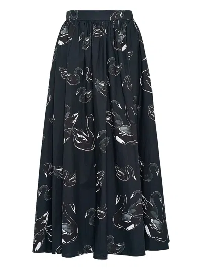 Msgm Swan-print Midi Skirt In Black