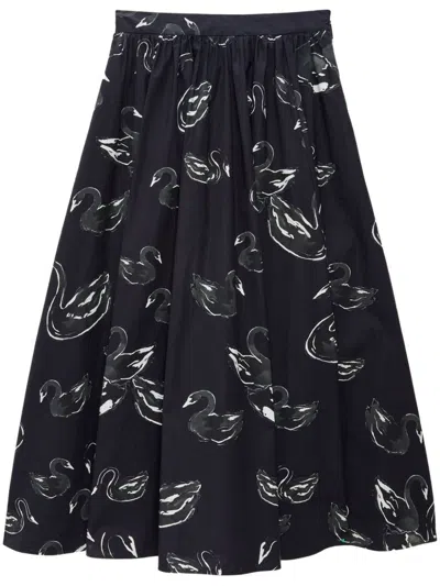 Msgm Swan-print Midi Skirt In Black