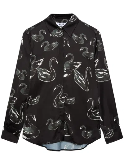 Msgm Swan-print Shirt In Black