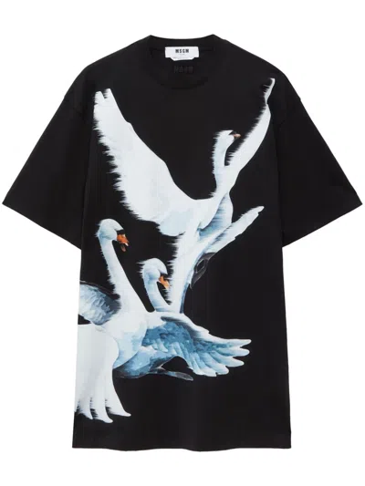 Msgm Swan-print T-shirt Dress In Black