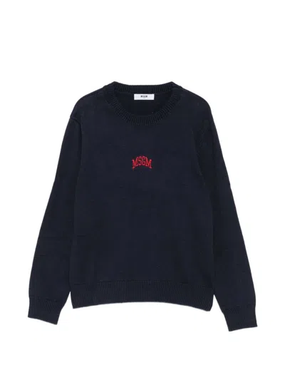 Msgm Kids' Sweater With Embroidered Logo In Blue