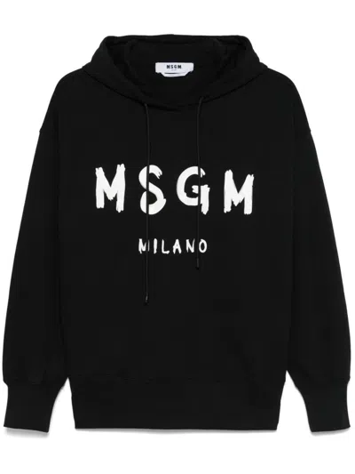 MSGM MSGM BLACK COTTON CREWNECK SWEATSHIRT WITH LOGO