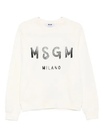 MSGM MSGM WHITE COTTON CREWNECK SWEATSHIRT WITH LOGO