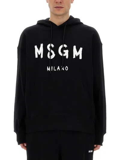 Msgm Logo Print Cotton Hoodie In Black