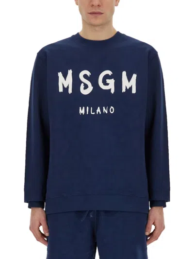 Msgm Sweatshirt With Brushed Logo In Blue
