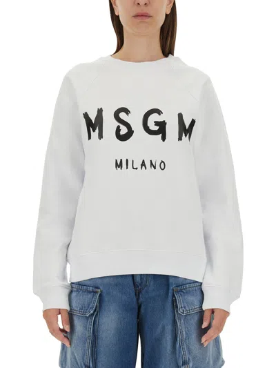 Msgm Logo-print Crew Neck Sweatshirt In White
