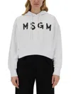 Msgm Logo Hooded Sweatshirt Ribbed Cuffs In White