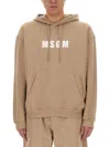 Msgm Hooded Sweatshirt With Kangaroo Pocket And Ribbed Finish In Beige