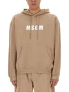 Msgm Hooded Sweatshirt With Kangaroo Pocket And Ribbed Finish In Beige