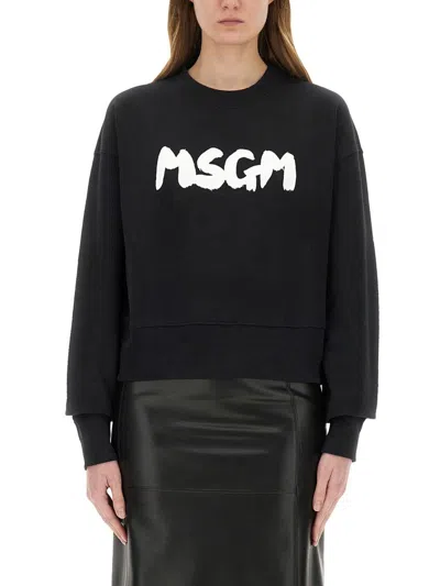 Msgm Logo Crew Neck Cropped Sweatshirt In Black