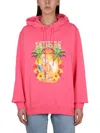 Msgm Graphic Print Hooded Sweatshirt With Ribbed Design In Fuchsia