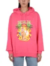Msgm Graphic Print Hooded Sweatshirt With Ribbed Design In Fuchsia