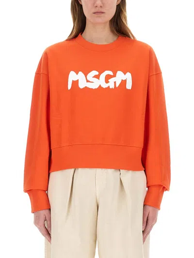 Msgm Logo Crew Neck Cropped Sweatshirt In Red