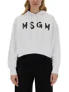 Msgm Logo Hooded Sweatshirt Ribbed Cuffs In White
