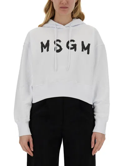 Msgm Cropped White Sweatshirt With Contrasting Logo