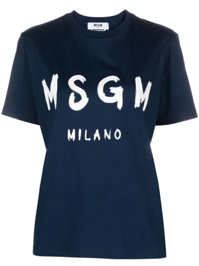 Msgm Logo-print Cotton T-shirt In Blue
