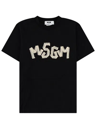 Msgm T-shirt Con Logo Ricamato In Pizzo In Black