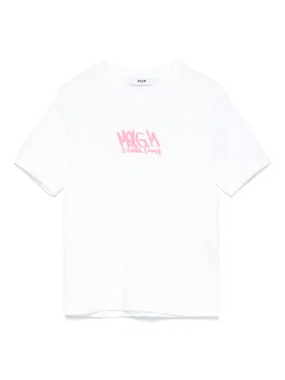 Msgm Kids' T-shirt Con Logo In Bianco E Rosa