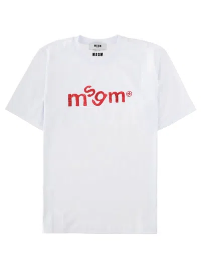 Msgm Handwritten Logo Print Cotton T-shir In White