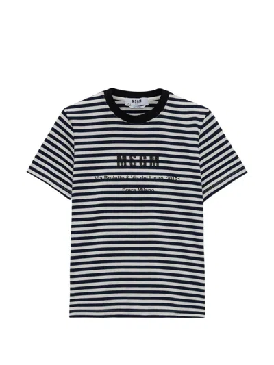MSGM T-shirt in cotone a righe bianche e blu MSGM