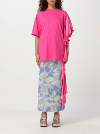 Msgm Draped-sleeve Cotton T-shirt In Fuchsia