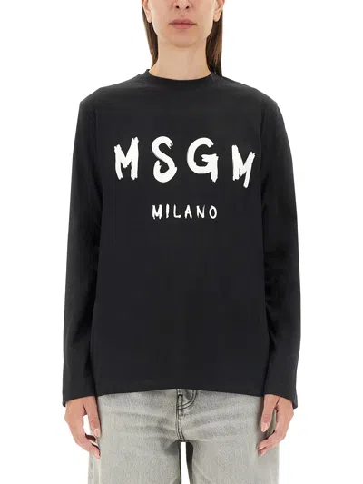 Msgm T-shirt With Brushed Logo In Black
