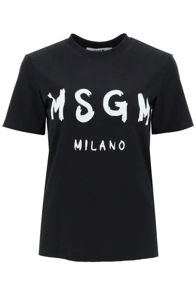 Msgm T-shirt With Brushed Logo In Nero