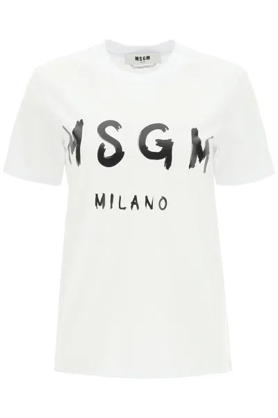 Msgm T-shirt With Brushed Logo In Optical White