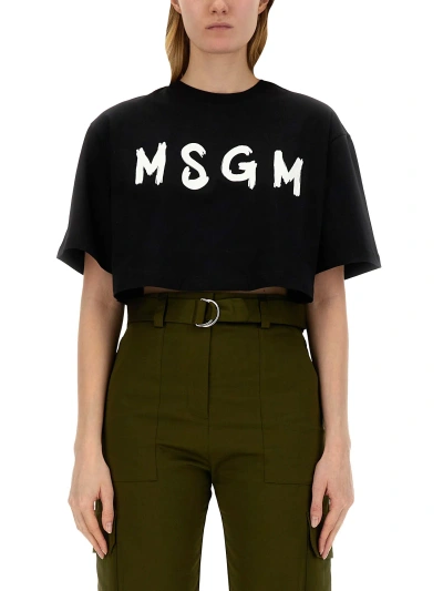 Msgm Logo-print Cropped T-shirt In Black