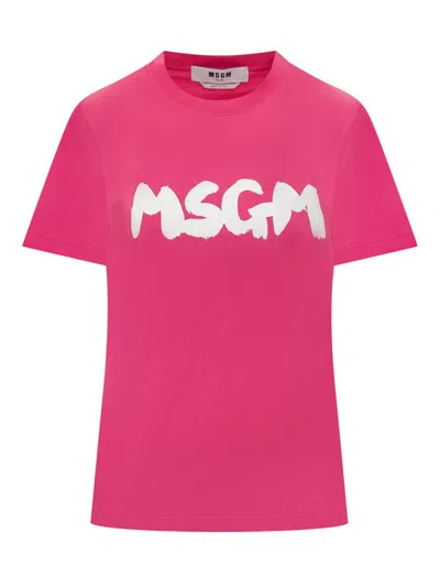 Msgm T-shirt With Logo In Pink & Purple