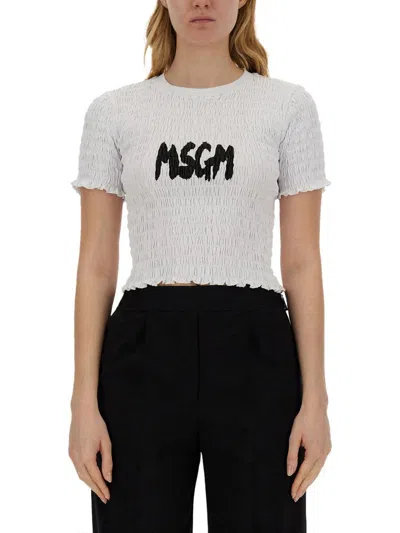 Msgm Logo-print Smocked T-shirt In White