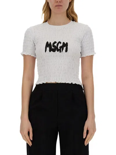 Msgm Logo Crew Neck Cropped T-shirt In White